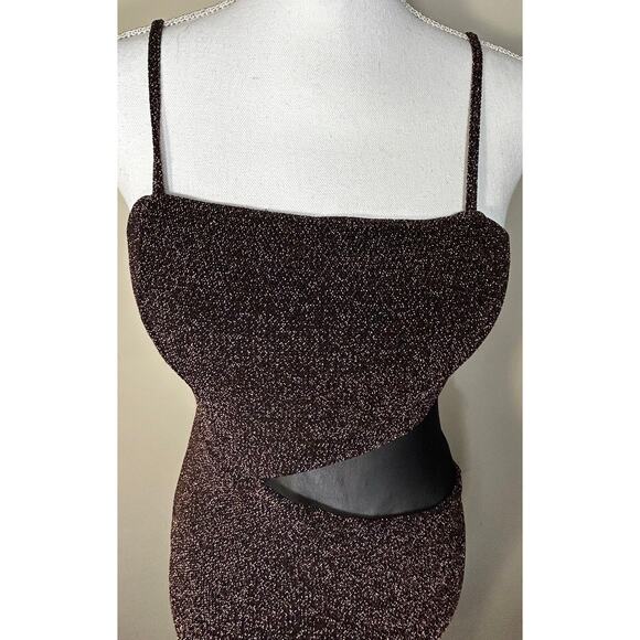 Trixxi Brown/Copper Shimmer Mini dress Size M With Mesh Side Detail - Picture 3 of 11